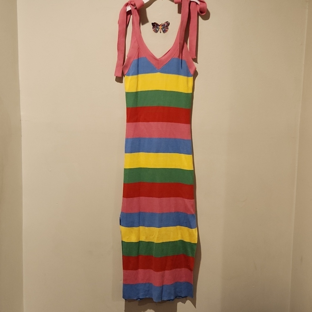 ❤️ ENGLISH FACTORY RIBBED KNIT TIE SHOULDER BODYCON MIDI DRESS, SMALL - Picture 8 of 10